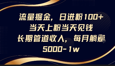 流量掘金,日进粉100+,当天上粉当天见钱,长期管道收入,每月躺挣5k-知源网创
